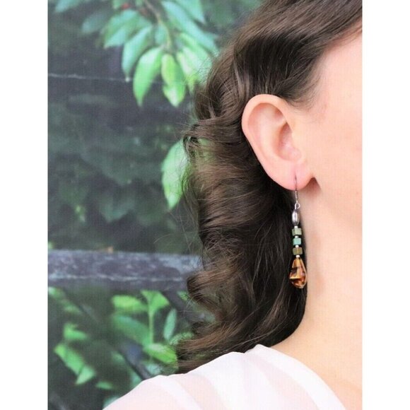 Sterling Silver Hematite, Turquoise and Amber Earrings Dangle Drop Earrings - Picture 2 of 7